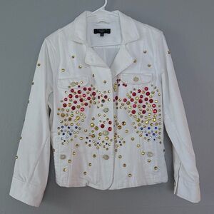 Talbots White Jean Jacket size 16 petite with Colorful Embellishments